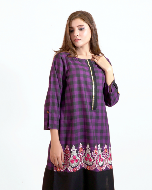 PURPLE & BLACK CHECKERED EMB SHIRT