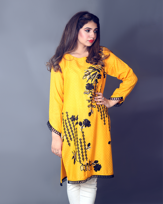 MUSTARD BLK FLORAL EMB SHIRT