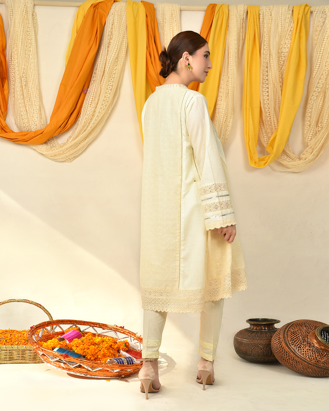 CRÈME CHIKAN LACE PANEL FROCK