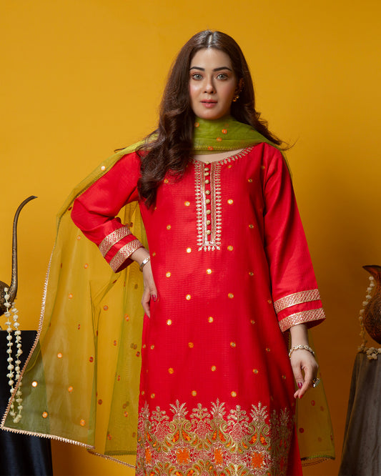 RED BORDER SEQUINS EMB 3PC