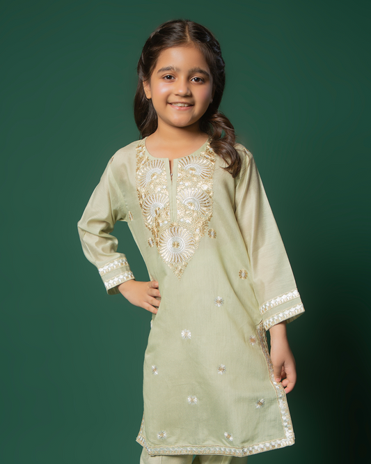 TEAGREEN WHITE GOLD COTTON NET EMB 2PC