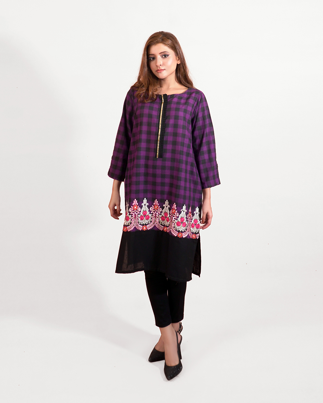 PURPLE & BLACK CHECKERED EMB SHIRT