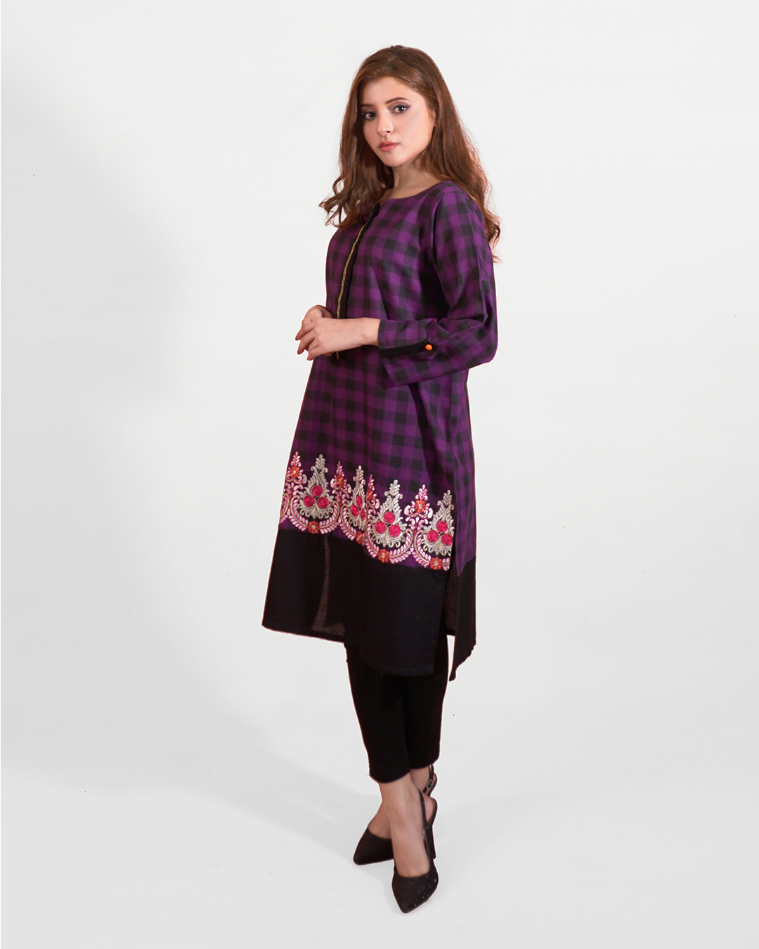 PURPLE & BLACK CHECKERED EMB SHIRT