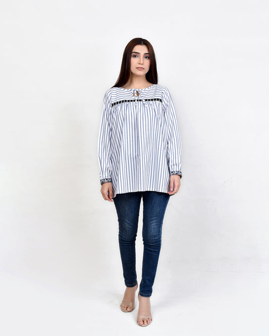 BLUE STRIPED YOKE TOP