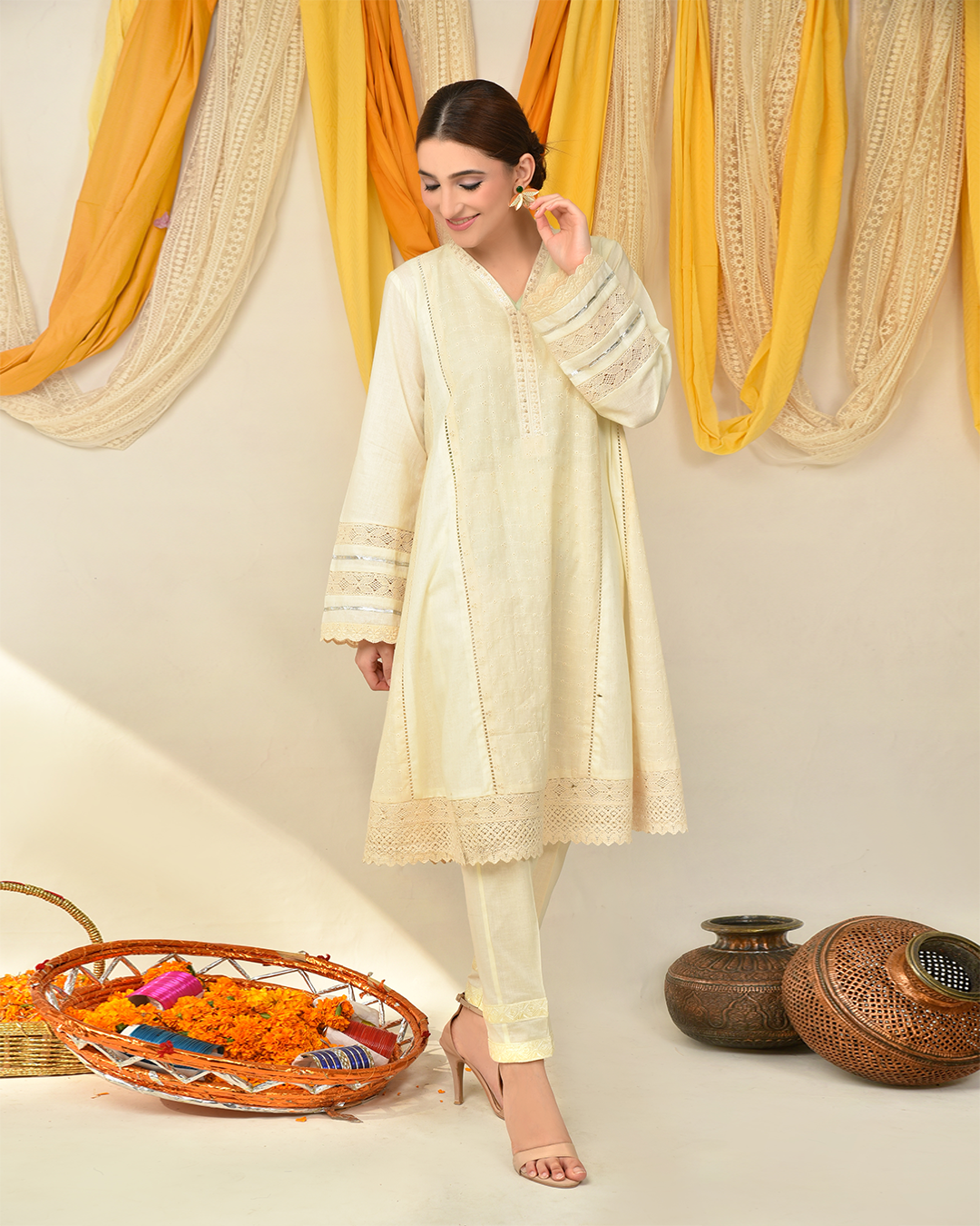 CRÈME CHIKAN LACE PANEL FROCK