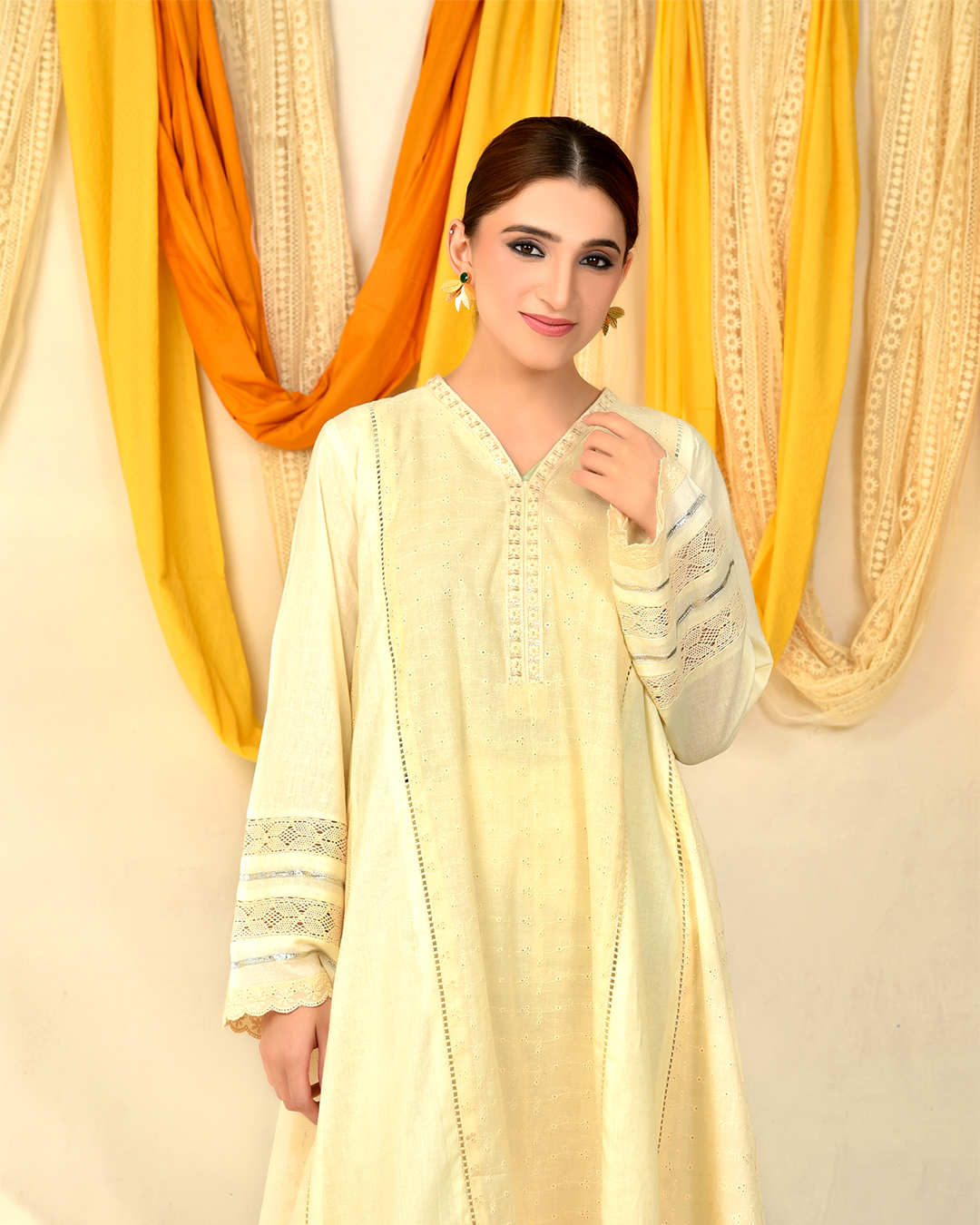 CRÈME CHIKAN LACE PANEL FROCK