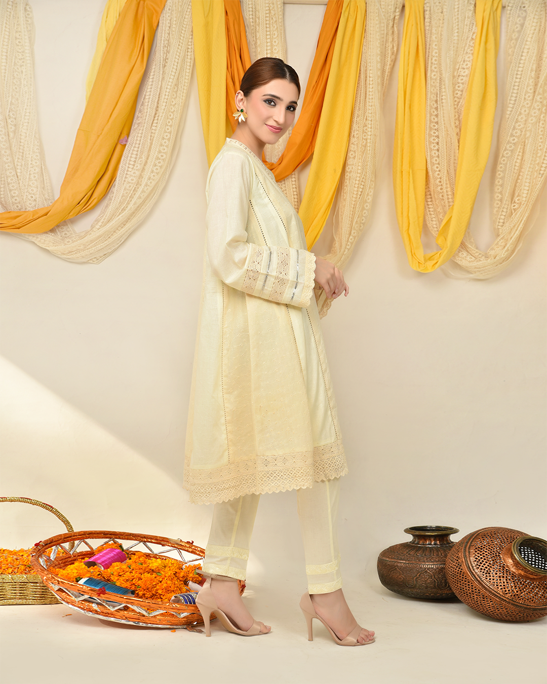 CRÈME CHIKAN LACE PANEL FROCK