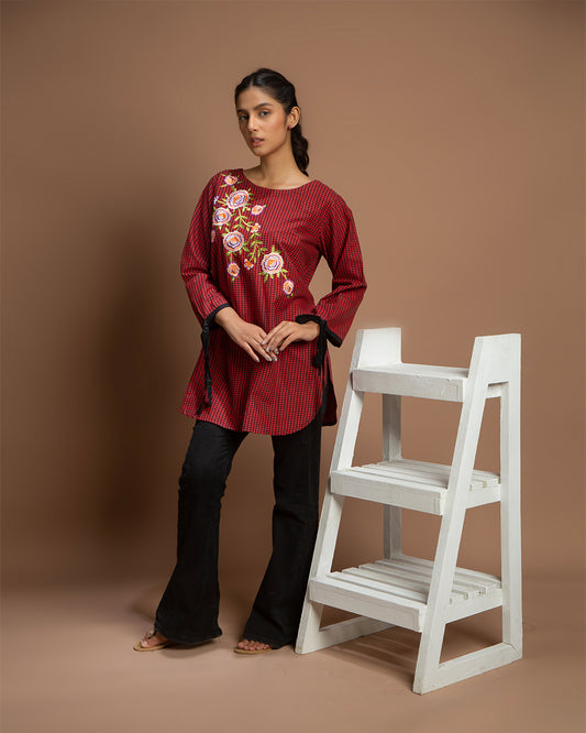 RED & BLK CHECKERED EMB TOP