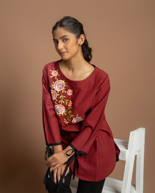 RED & BLK CHECKERED EMB TOP