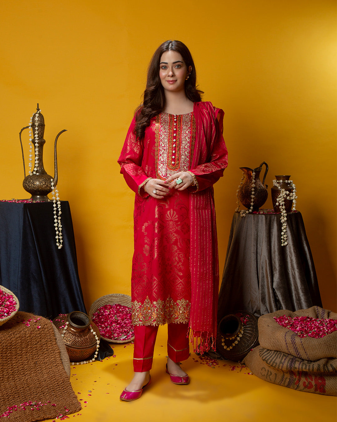 PINK EMB GOLD JACQUARD 3PC