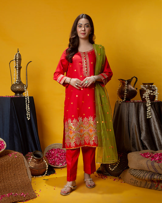 RED BORDER SEQUINS EMB 3PC