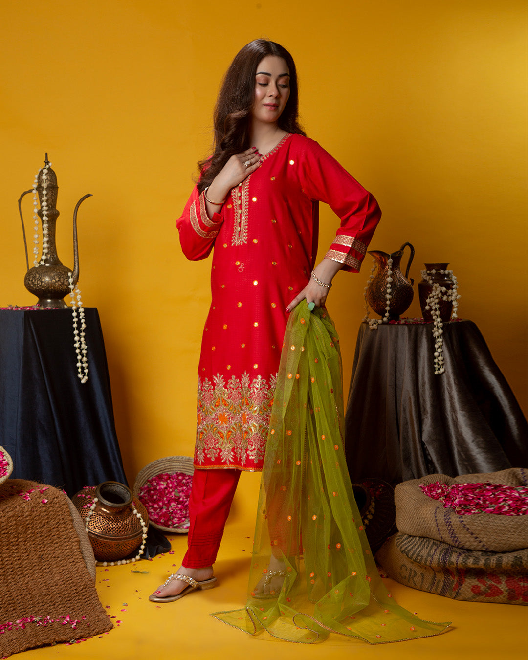 RED BORDER SEQUINS EMB 3PC