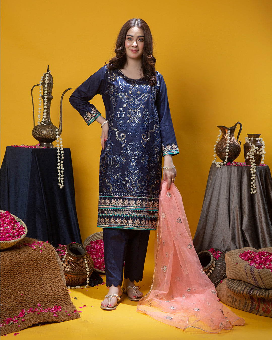 BLUE SELF SEQUINS EMB 3PC
