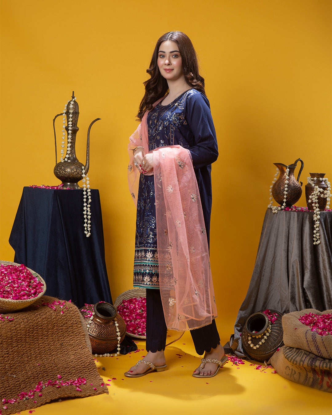 BLUE SELF SEQUINS EMB 3PC