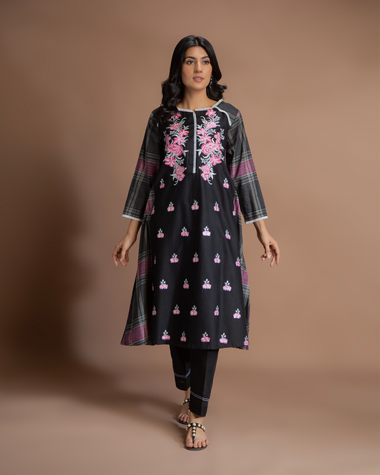 BLACK & PINK FLORAL CHK PANEL FLARE