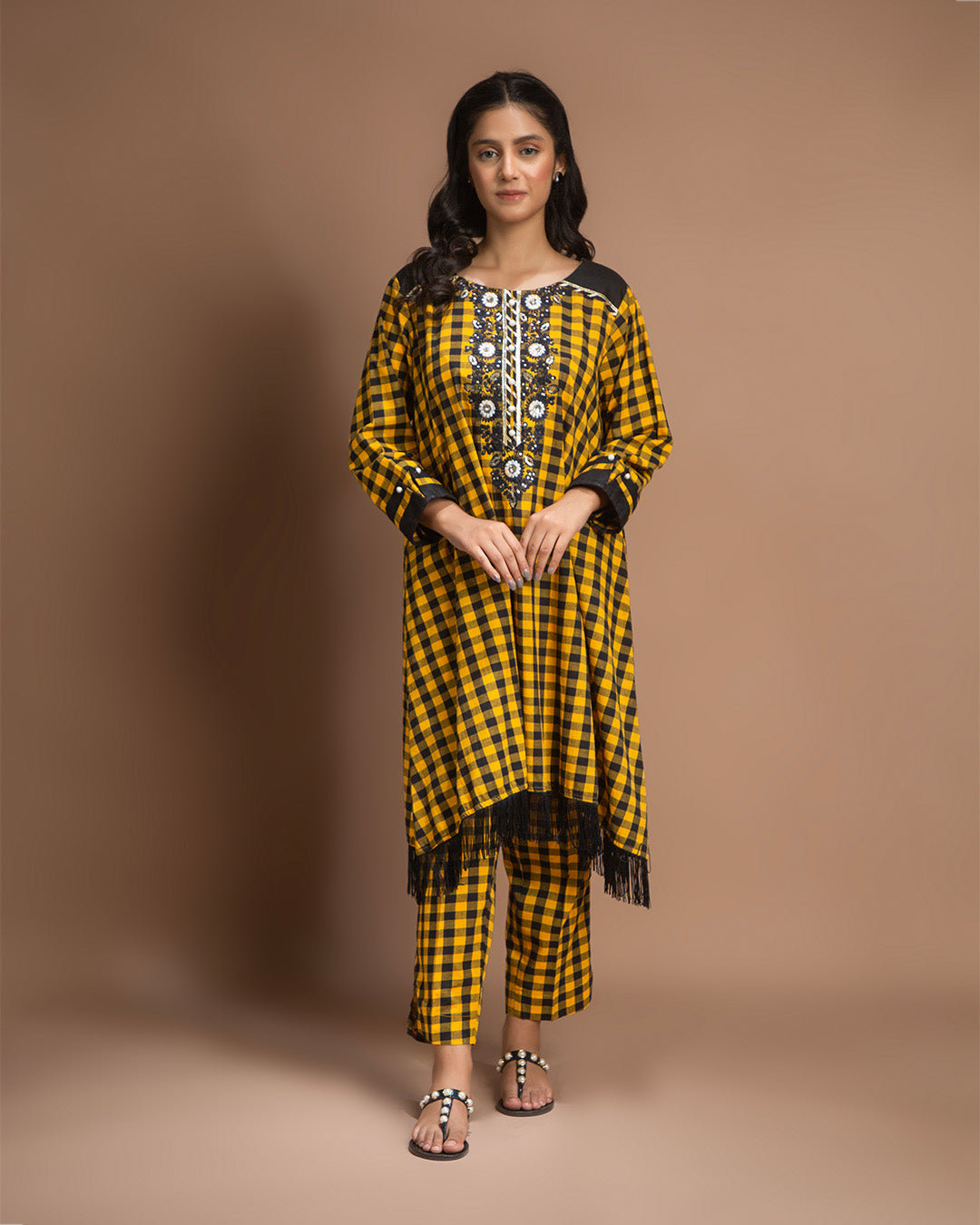 YELLOW BLK CHK FLARE 2PC