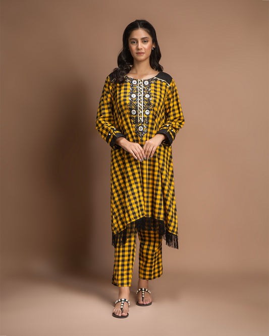 YELLOW BLK CHK FLARE 2PC