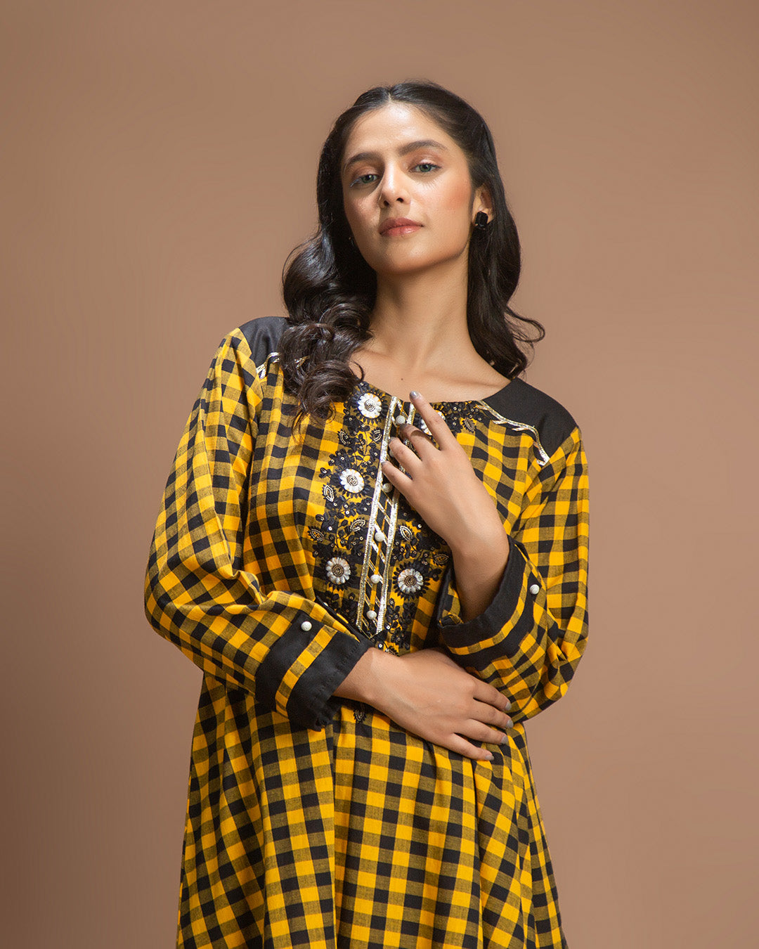 YELLOW BLK CHK FLARE 2PC