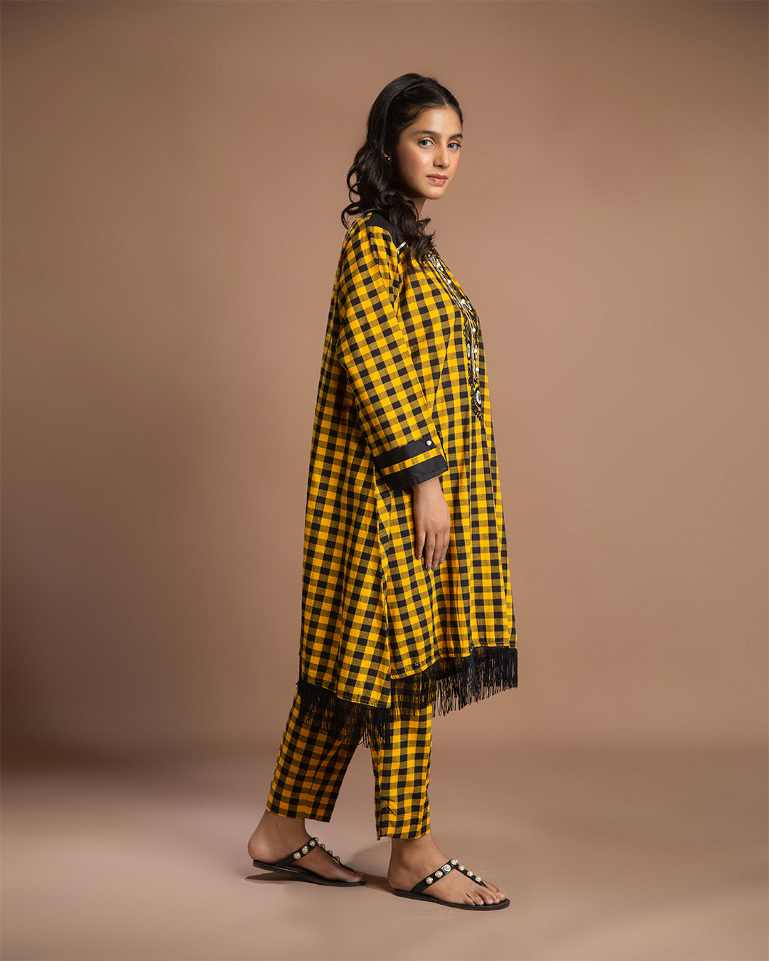 YELLOW BLK CHK FLARE 2PC