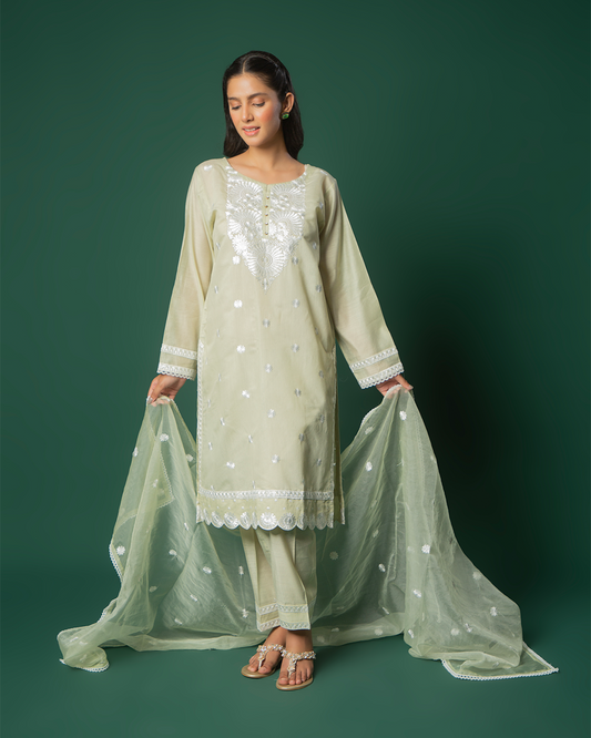 PISTACHIO COTTON NET WHITE EMB 3PC