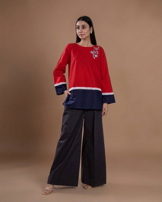 RED NAVY COLOR-BLOCK EMB TUNIC