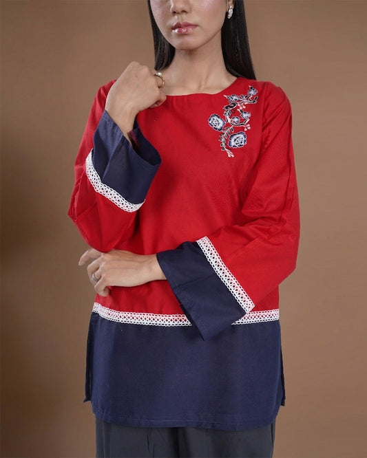 RED NAVY COLOR-BLOCK EMB TUNIC