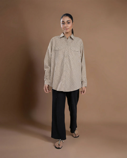 BROWN CHECKERED BUTTON DOWN LOOSE FIT TUNIC