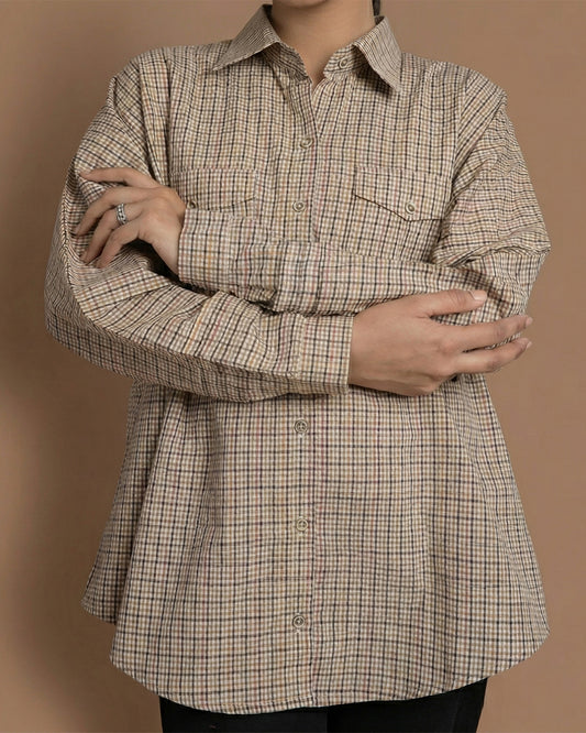 BROWN CHECKERED BUTTON DOWN LOOSE FIT TUNIC