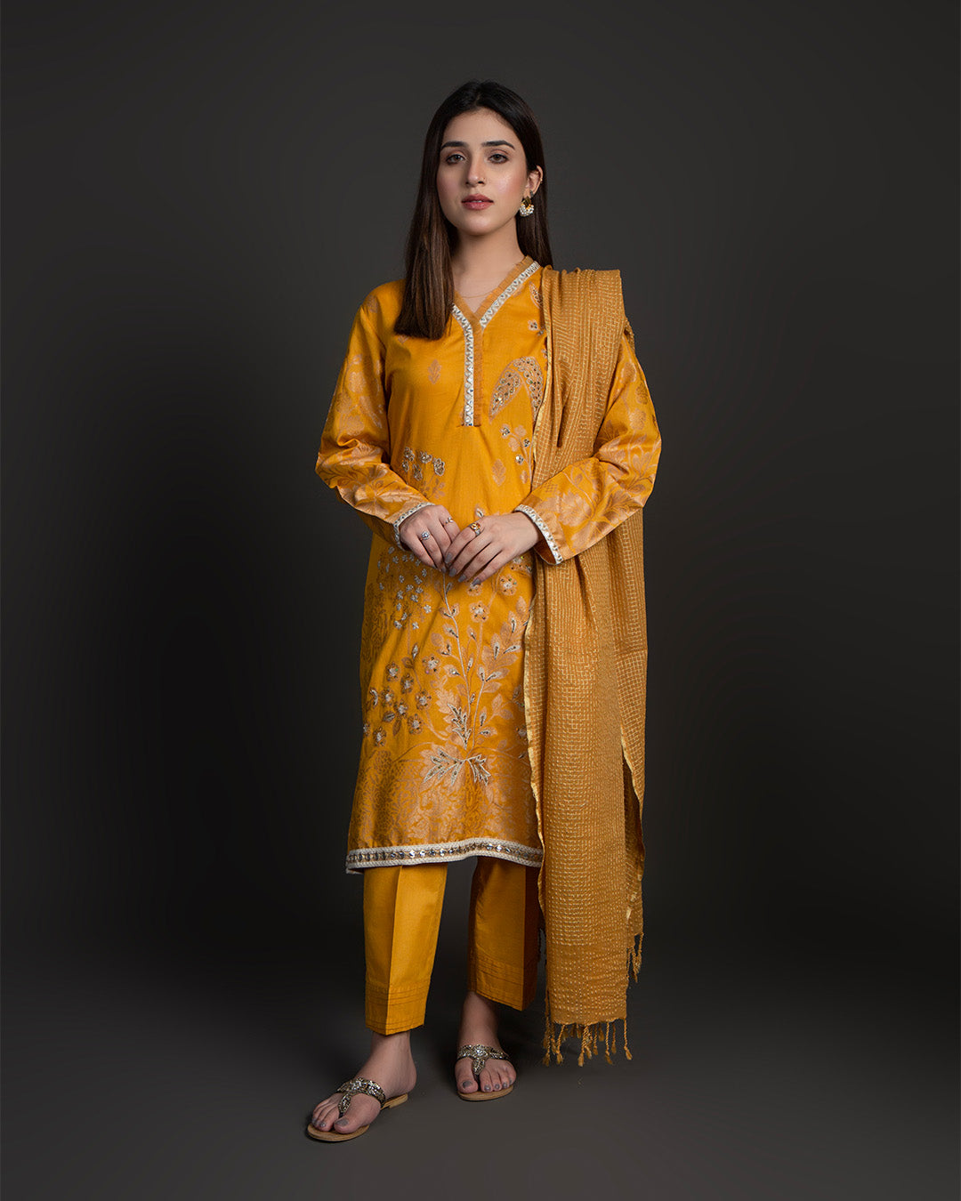 MUSTARD GOLD JACQUARD EMBELLISHED 3PC