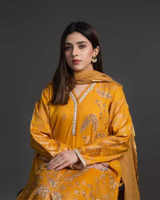 MUSTARD GOLD JACQUARD EMBELLISHED 3PC