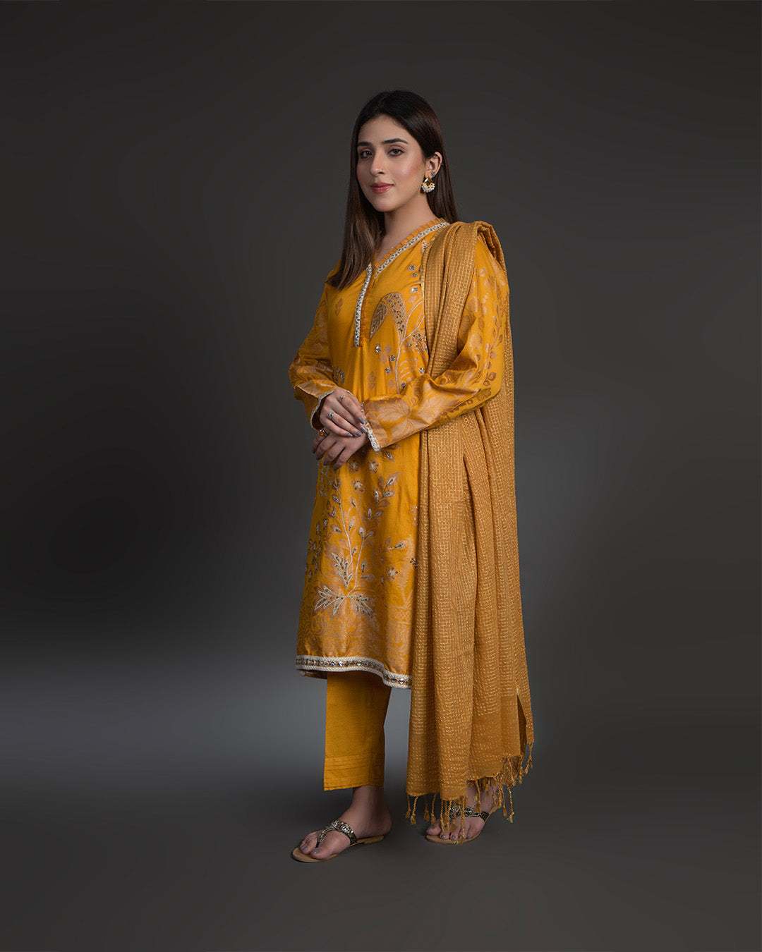 MUSTARD GOLD JACQUARD EMBELLISHED 3PC