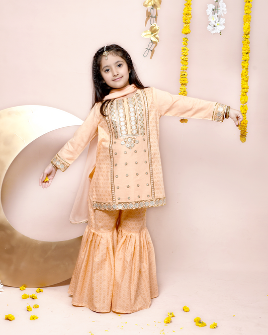PEACH SEQUINS EMB GHARARA SET 3PC