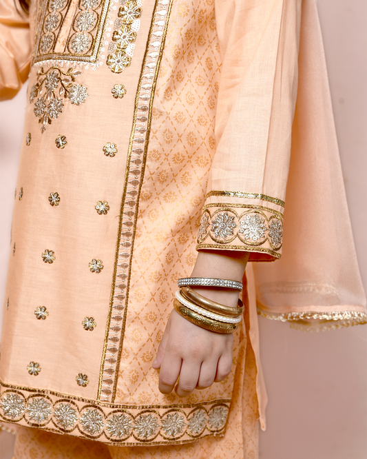 PEACH SEQUINS EMB GHARARA SET 3PC