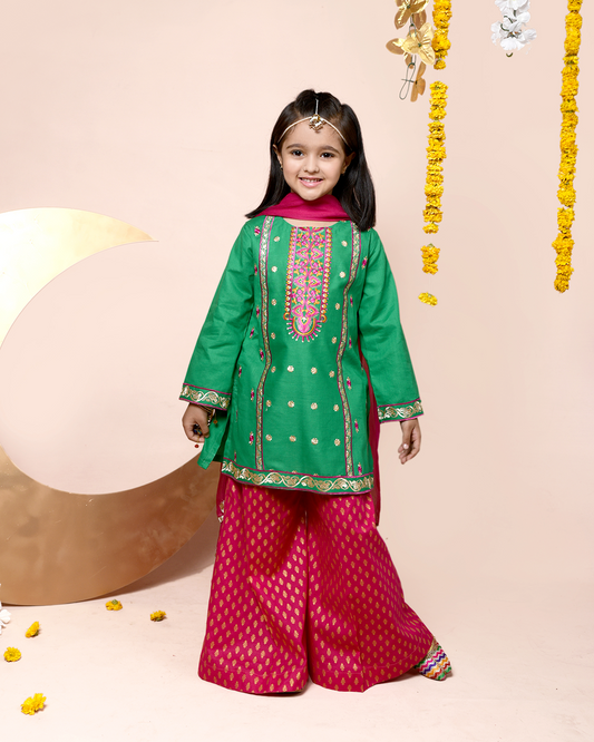GREEN PINK SEQUINS EMB PANEL CULLOTE SET