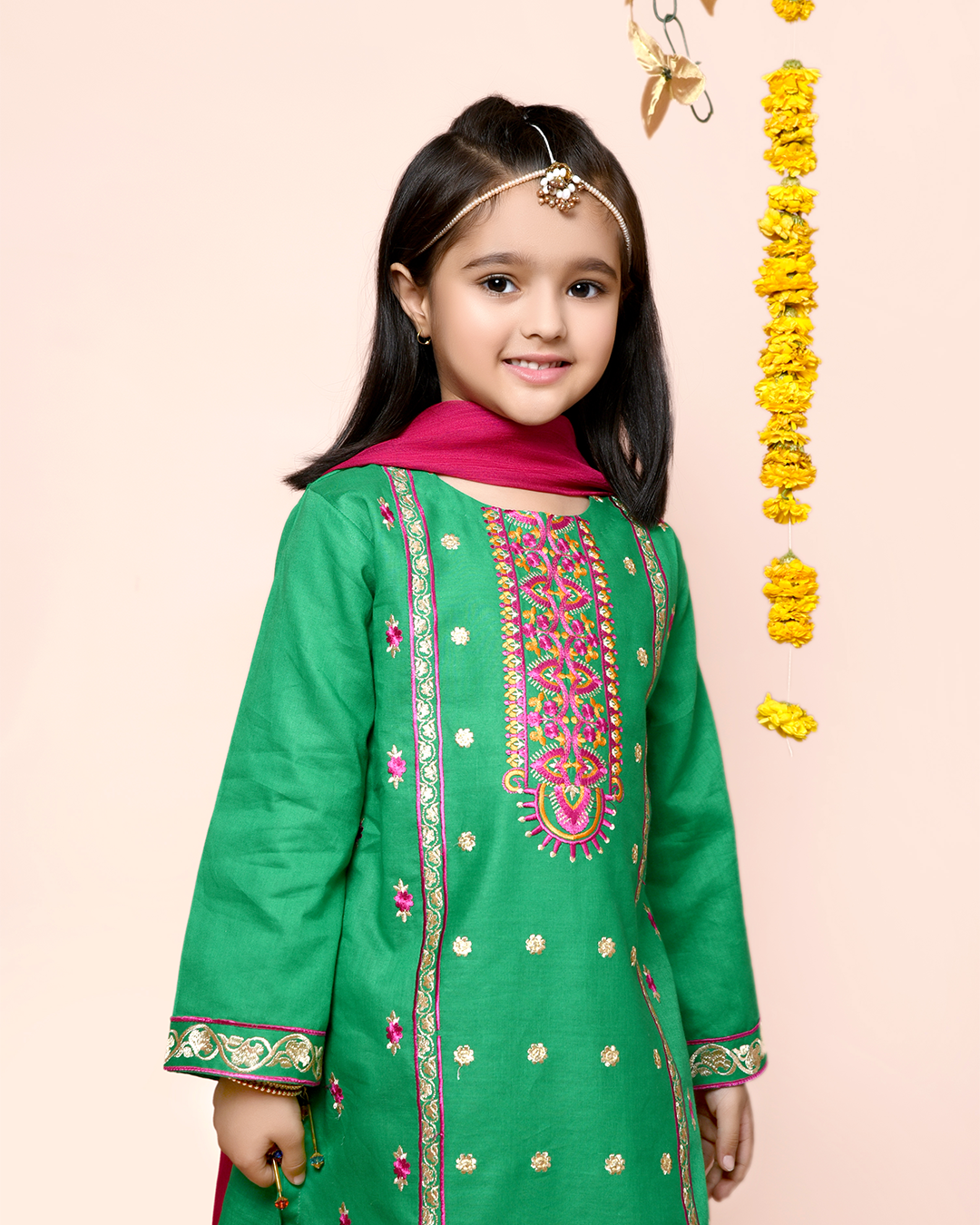GREEN PINK SEQUINS EMB PANEL CULLOTE SET