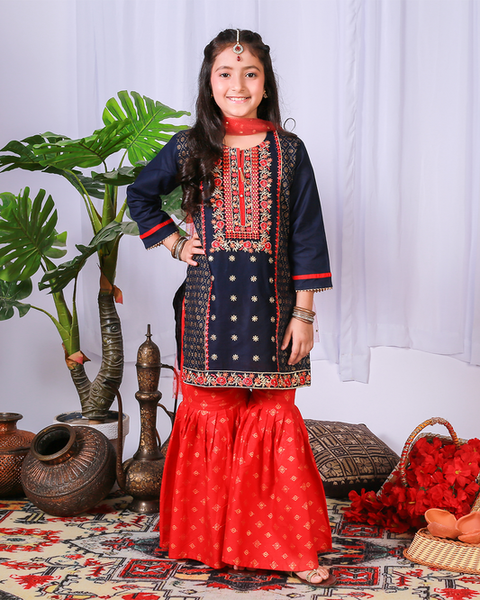 NAVY FLORAL EMB GHARARA SET 3PC