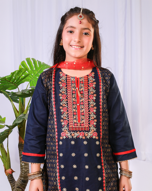 NAVY FLORAL EMB GHARARA SET 3PC