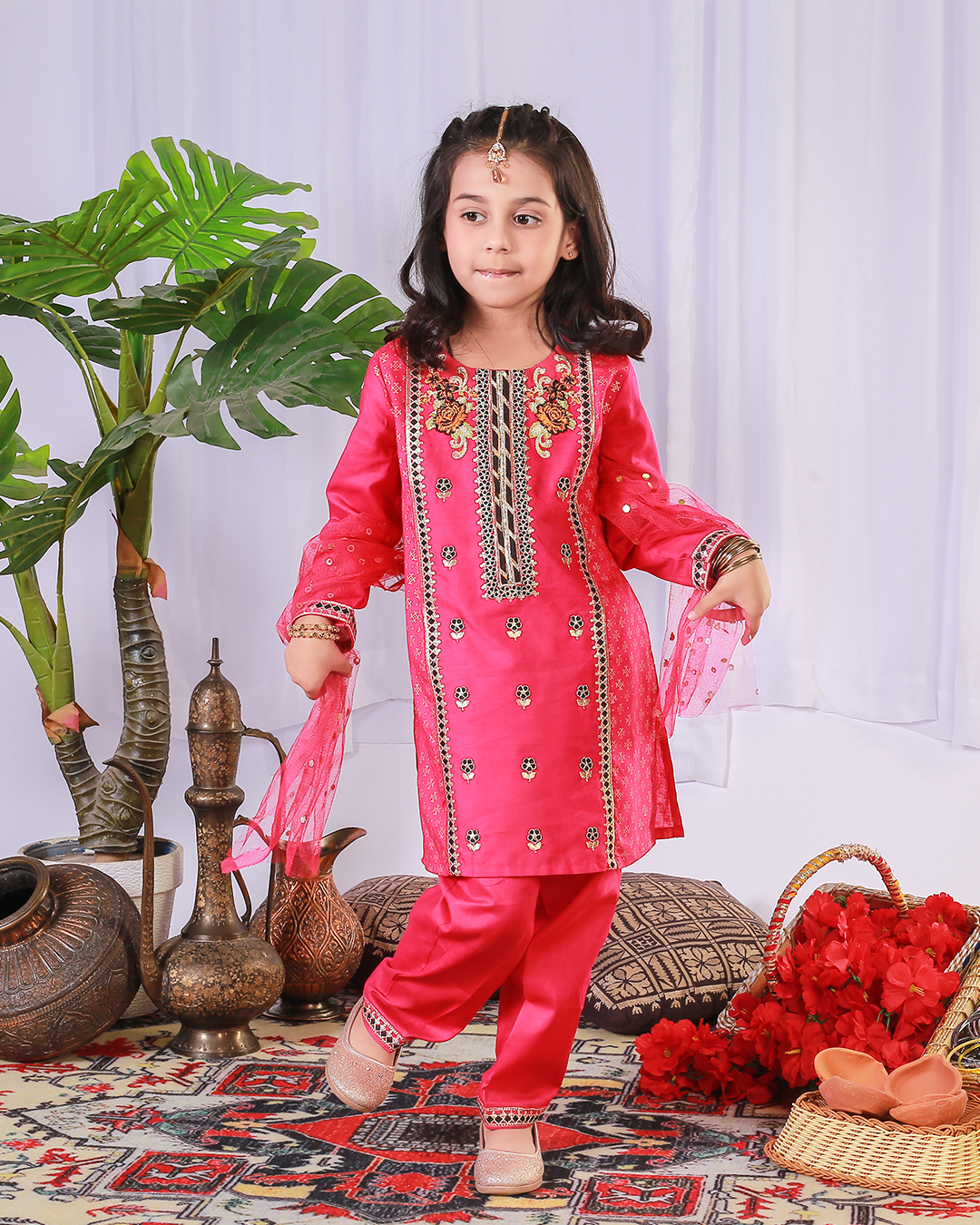 PINK FLORAL PANEL SEQUINS EMB 2PC