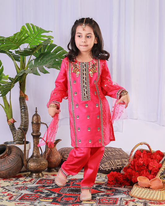 PINK FLORAL PANEL SEQUINS EMB 2PC