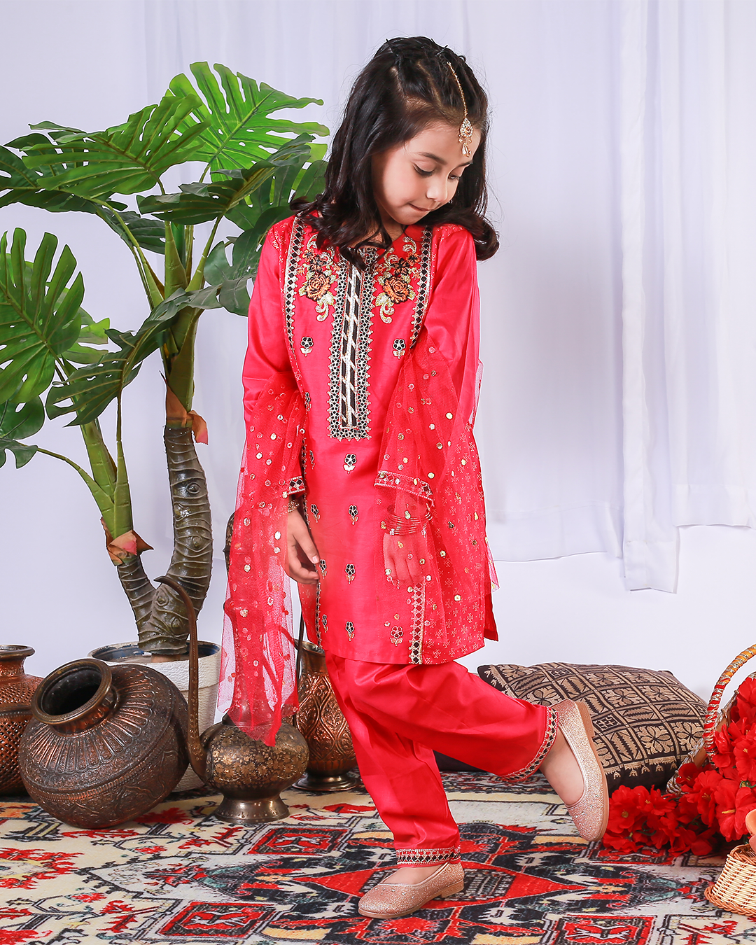 PINK FLORAL PANEL SEQUINS EMB 2PC
