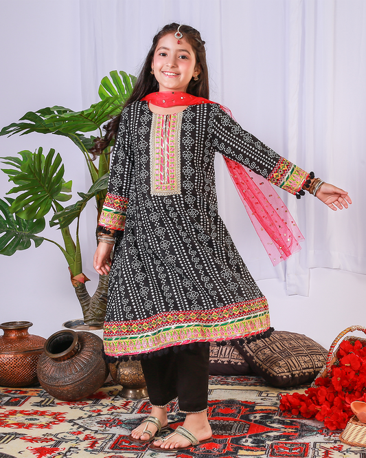 BLK CHUNRI GHERA EMB FLARE TROUSET SET