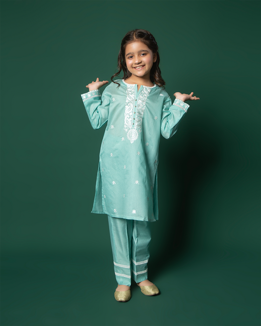 LIGHT TURQUOISE WHTE EMB COTTON NET 2PC