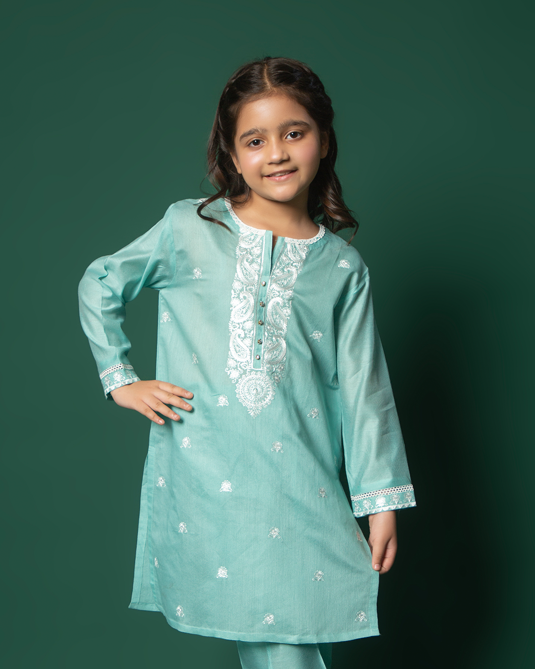 LIGHT TURQUOISE WHTE EMB COTTON NET 2PC